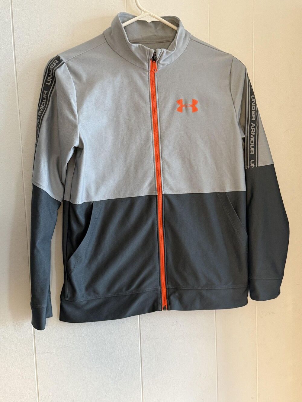 Under Armour Jacket Youth Large Gray Orange HeatGear Full Zip Athletic Track
